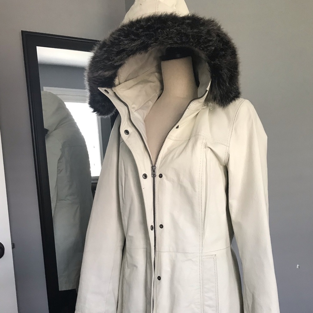 Off White Leather Winter Coat with detachable Hood